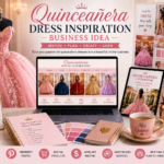 Quinceañera dress inspiration business idea with pink ball gown, laptop website, moodboard, planning checklist, color palettes and digital product ideas