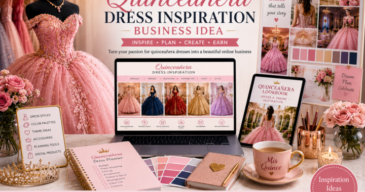 Quinceañera dress inspiration business idea with pink ball gown, laptop website, moodboard, planning checklist, color palettes and digital product ideas