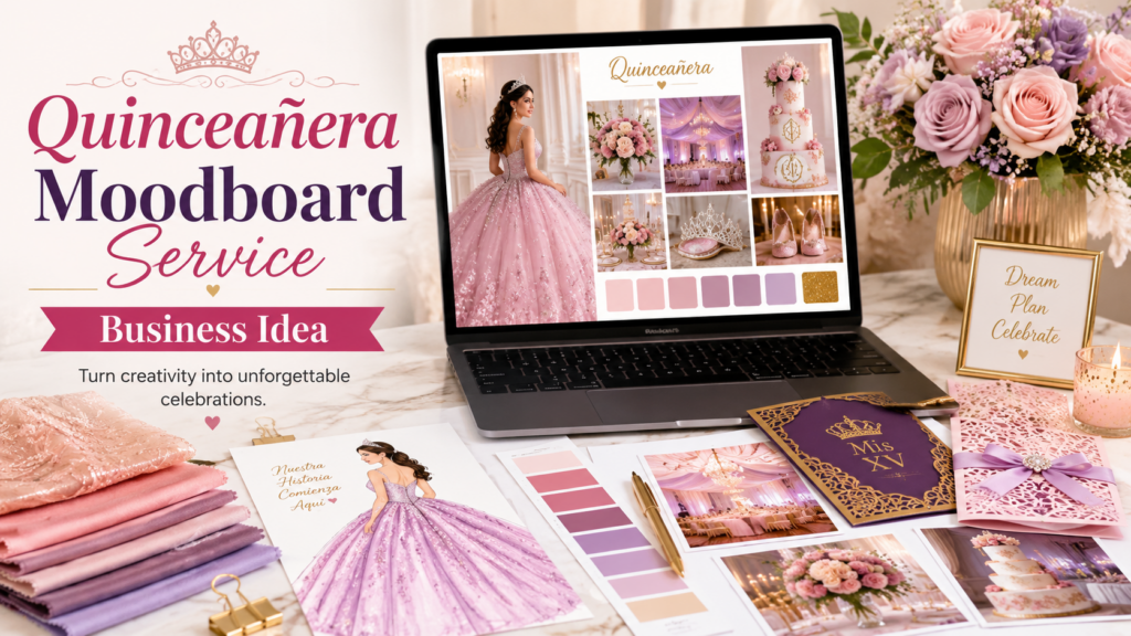 Laptop showing a quinceañera moodboard with pink and lavender dress inspiration, color palettes, fabric swatches, flowers, invitations, cake ideas, and decoration inspiration.