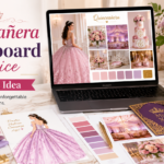 Laptop showing a quinceañera moodboard with pink and lavender dress inspiration, color palettes, fabric swatches, flowers, invitations, cake ideas, and decoration inspiration.