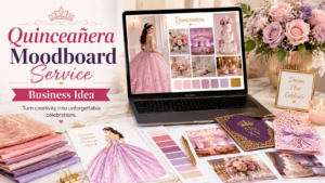 Laptop showing a quinceañera moodboard with pink and lavender dress inspiration, color palettes, fabric swatches, flowers, invitations, cake ideas, and decoration inspiration.