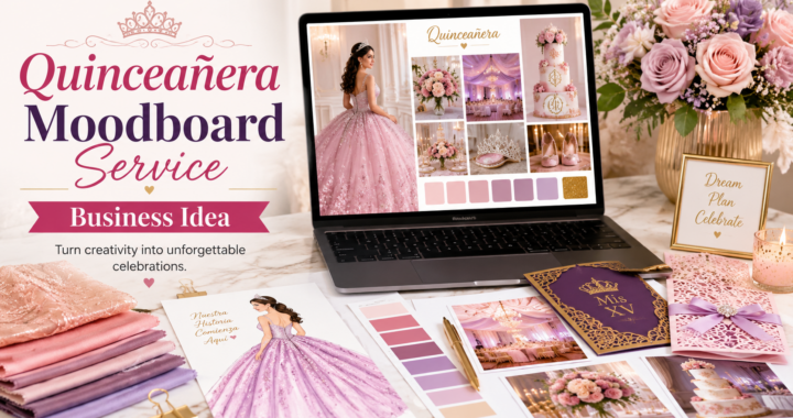 Laptop showing a quinceañera moodboard with pink and lavender dress inspiration, color palettes, fabric swatches, flowers, invitations, cake ideas, and decoration inspiration.