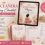 A pink and gold quinceañera planning checklist digital product mockup with planner pages, budget tracker, timeline, guest list and celebration planning tools.