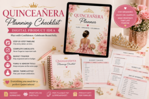 A pink and gold quinceañera planning checklist digital product mockup with planner pages, budget tracker, timeline, guest list and celebration planning tools.