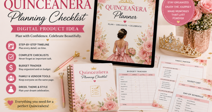 A pink and gold quinceañera planning checklist digital product mockup with planner pages, budget tracker, timeline, guest list and celebration planning tools.