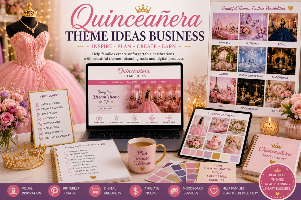 Quinceañera theme ideas business with pink ball gown, laptop website, theme moodboard, planning checklist, color palettes and digital product ideas