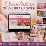 Quinceañera theme ideas business with pink ball gown, laptop website, theme moodboard, planning checklist, color palettes and digital product ideas