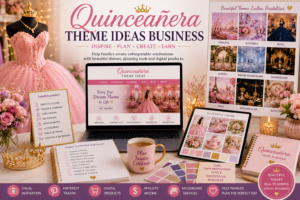 Quinceañera theme ideas business with pink ball gown, laptop website, theme moodboard, planning checklist, color palettes and digital product ideas