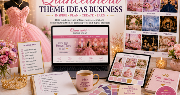 Quinceañera theme ideas business with pink ball gown, laptop website, theme moodboard, planning checklist, color palettes and digital product ideas