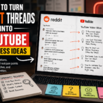 Laptop showing Reddit threads being turned into YouTube business ideas through community research, pain points, and content planning.
