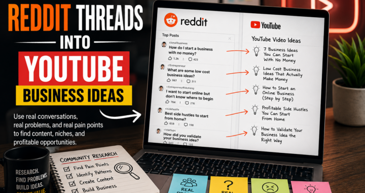 Laptop showing Reddit threads being turned into YouTube business ideas through community research, pain points, and content planning.
