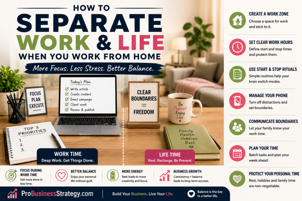 Work from home setup showing clear separation between work time and life time with boundaries, routines, phone rules, planning, and personal time.