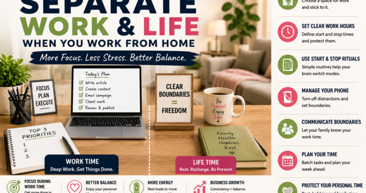 Work from home setup showing clear separation between work time and life time with boundaries, routines, phone rules, planning, and personal time.