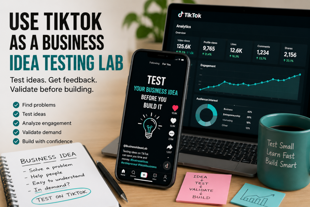TikTok business idea testing lab with smartphone analytics, engagement metrics and business validation checklist