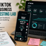 TikTok business idea testing lab with smartphone analytics, engagement metrics and business validation checklist