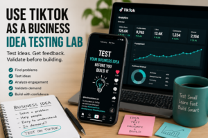 TikTok business idea testing lab with smartphone analytics, engagement metrics and business validation checklist