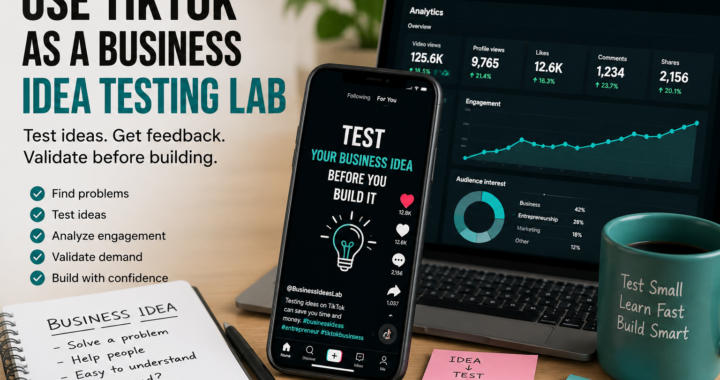 TikTok business idea testing lab with smartphone analytics, engagement metrics and business validation checklist