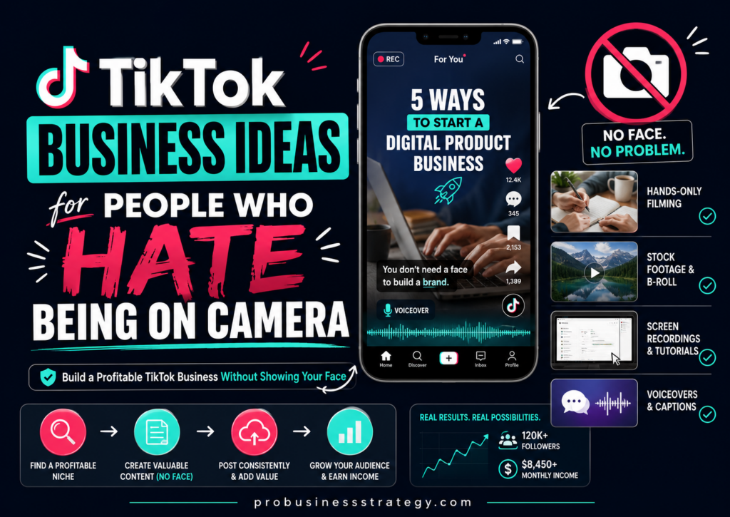TikTok business ideas for camera-shy creators using faceless content, screen recordings, voiceovers, text videos, hands-only demos, and AI visuals.