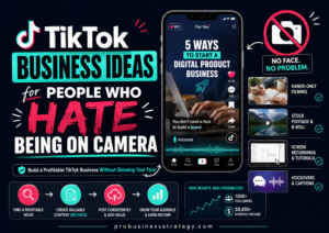 TikTok business ideas for camera-shy creators using faceless content, screen recordings, voiceovers, text videos, hands-only demos, and AI visuals.