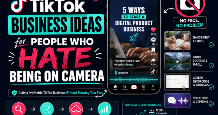 TikTok business ideas for camera-shy creators using faceless content, screen recordings, voiceovers, text videos, hands-only demos, and AI visuals.