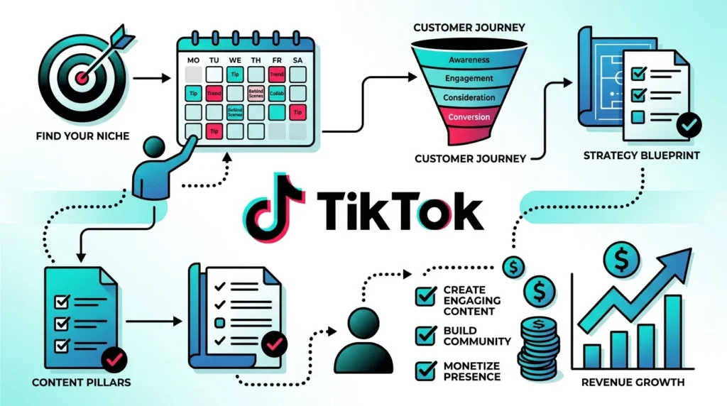 TikTok business strategy blueprint showing content pillars, monetization funnel, and solopreneur business planning elements in TikTok colors.