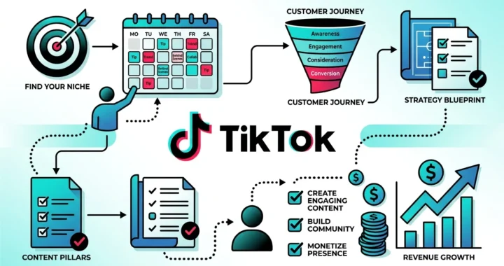 TikTok business strategy blueprint showing content pillars, monetization funnel, and solopreneur business planning elements in TikTok colors.