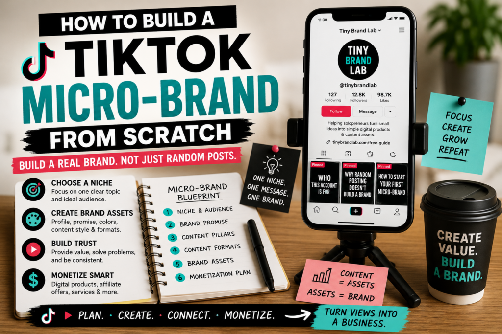 A TikTok micro-brand planning workspace with a smartphone profile, content pillars, brand assets, pinned videos and a blueprint for building a focused TikTok brand.