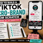 A TikTok micro-brand planning workspace with a smartphone profile, content pillars, brand assets, pinned videos and a blueprint for building a focused TikTok brand.