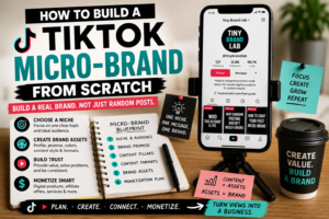 A TikTok micro-brand planning workspace with a smartphone profile, content pillars, brand assets, pinned videos and a blueprint for building a focused TikTok brand.
