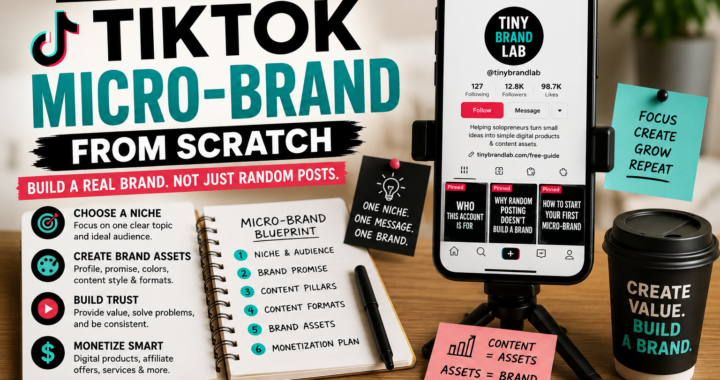 A TikTok micro-brand planning workspace with a smartphone profile, content pillars, brand assets, pinned videos and a blueprint for building a focused TikTok brand.