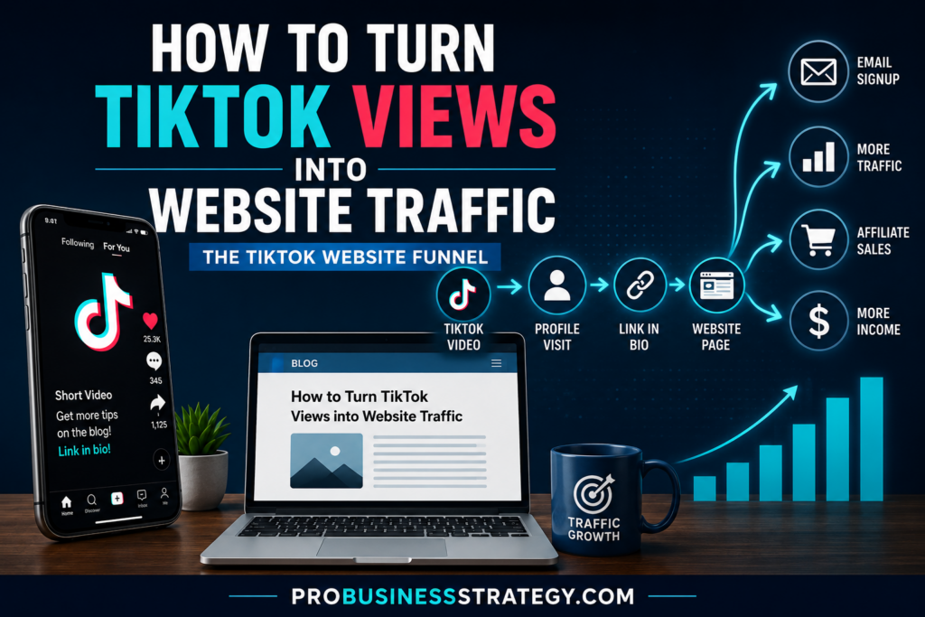 TikTok website traffic funnel showing short-form video views leading to a blog, landing page, email signup, and business website.