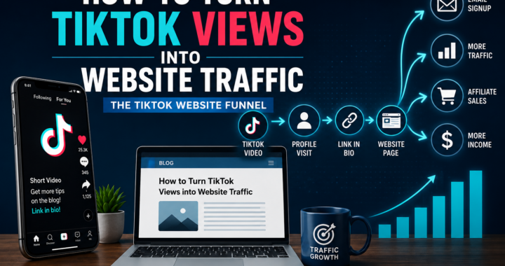 TikTok website traffic funnel showing short-form video views leading to a blog, landing page, email signup, and business website.