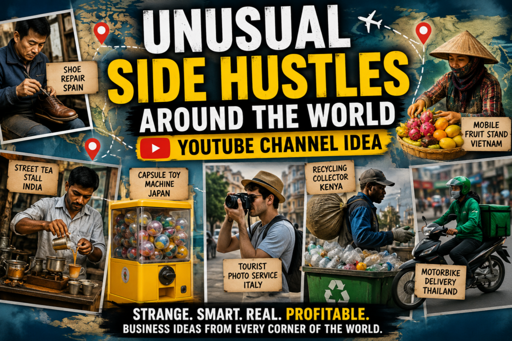 YouTube channel idea about unusual side hustles around the world with street vendors, vending machines, tourist services and local delivery businesses