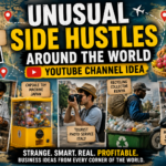 YouTube channel idea about unusual side hustles around the world with street vendors, vending machines, tourist services and local delivery businesses
