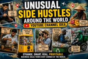 YouTube channel idea about unusual side hustles around the world with street vendors, vending machines, tourist services and local delivery businesses