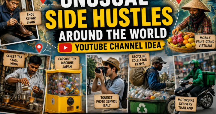 YouTube channel idea about unusual side hustles around the world with street vendors, vending machines, tourist services and local delivery businesses