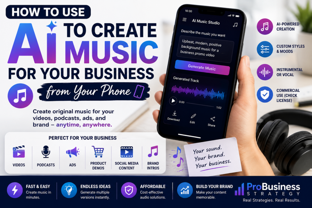 AI music creation from a smartphone for business videos, podcasts, ads, jingles, background tracks, brand intros, and social media content.