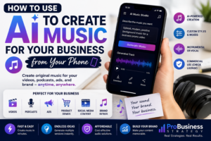 AI music creation from a smartphone for business videos, podcasts, ads, jingles, background tracks, brand intros, and social media content.
