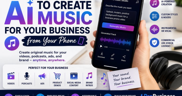 AI music creation from a smartphone for business videos, podcasts, ads, jingles, background tracks, brand intros, and social media content.