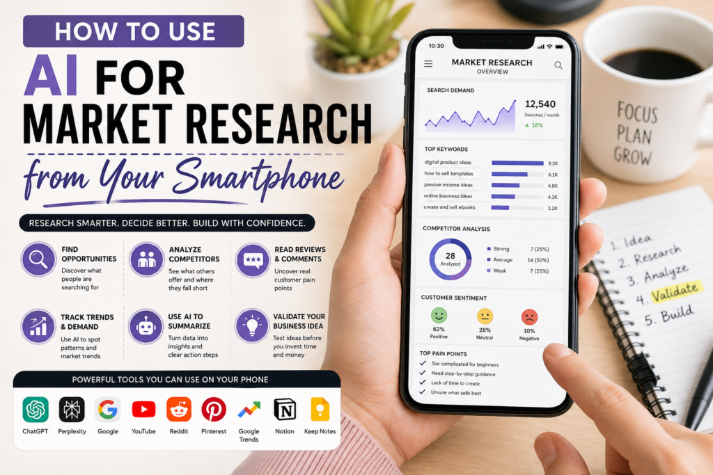 AI market research from a smartphone showing competitor analysis, keyword research, customer reviews, search demand, and business idea validation.