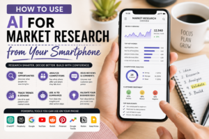AI market research from a smartphone showing competitor analysis, keyword research, customer reviews, search demand, and business idea validation.