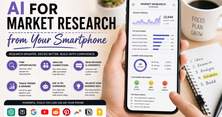 AI market research from a smartphone showing competitor analysis, keyword research, customer reviews, search demand, and business idea validation.