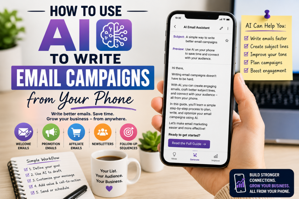 AI email campaign writing from a smartphone with email draft, subject line, preview text, welcome emails, newsletters, affiliate emails, and follow-up sequences.