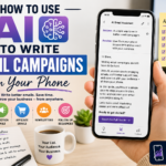 AI email campaign writing from a smartphone with email draft, subject line, preview text, welcome emails, newsletters, affiliate emails, and follow-up sequences.