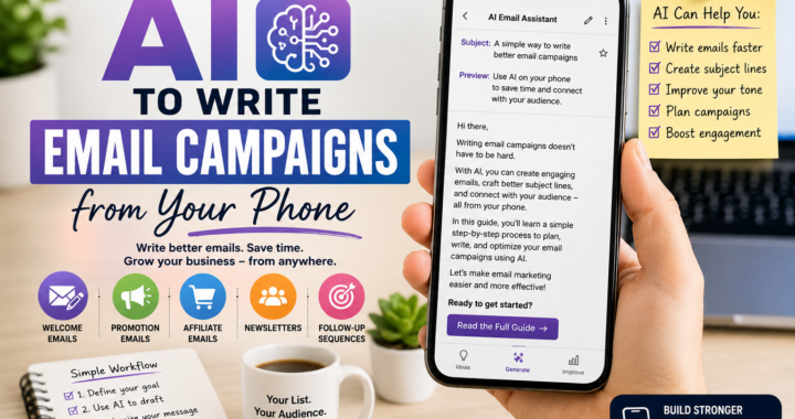 AI email campaign writing from a smartphone with email draft, subject line, preview text, welcome emails, newsletters, affiliate emails, and follow-up sequences.