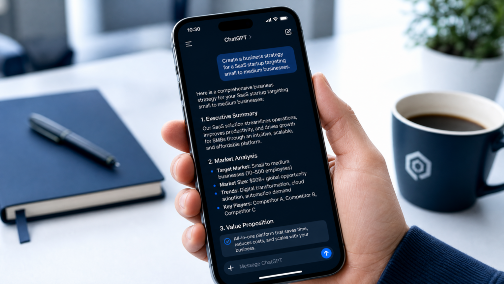 A smartphone displaying a business strategy conversation with ChatGPT, showcasing AI-powered business management from a phone.