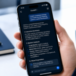 A smartphone displaying a business strategy conversation with ChatGPT, showcasing AI-powered business management from a phone.