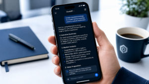 A smartphone displaying a business strategy conversation with ChatGPT, showcasing AI-powered business management from a phone.