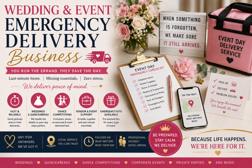 A wedding and event emergency delivery service concept with an event day checklist, delivery bag, flowers, phone tracking screen and last-minute event essentials.