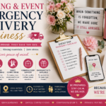 A wedding and event emergency delivery service concept with an event day checklist, delivery bag, flowers, phone tracking screen and last-minute event essentials.